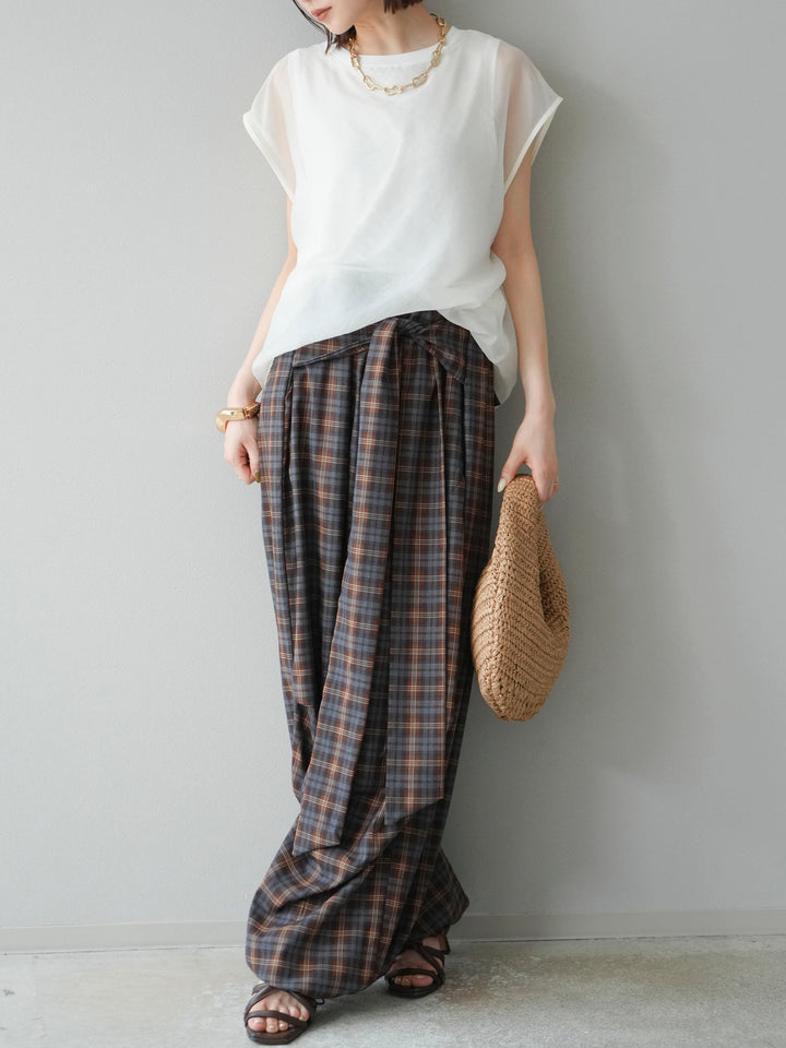 [予約]チェック柄ウエスト巻きドロストパンツ/ブラウン