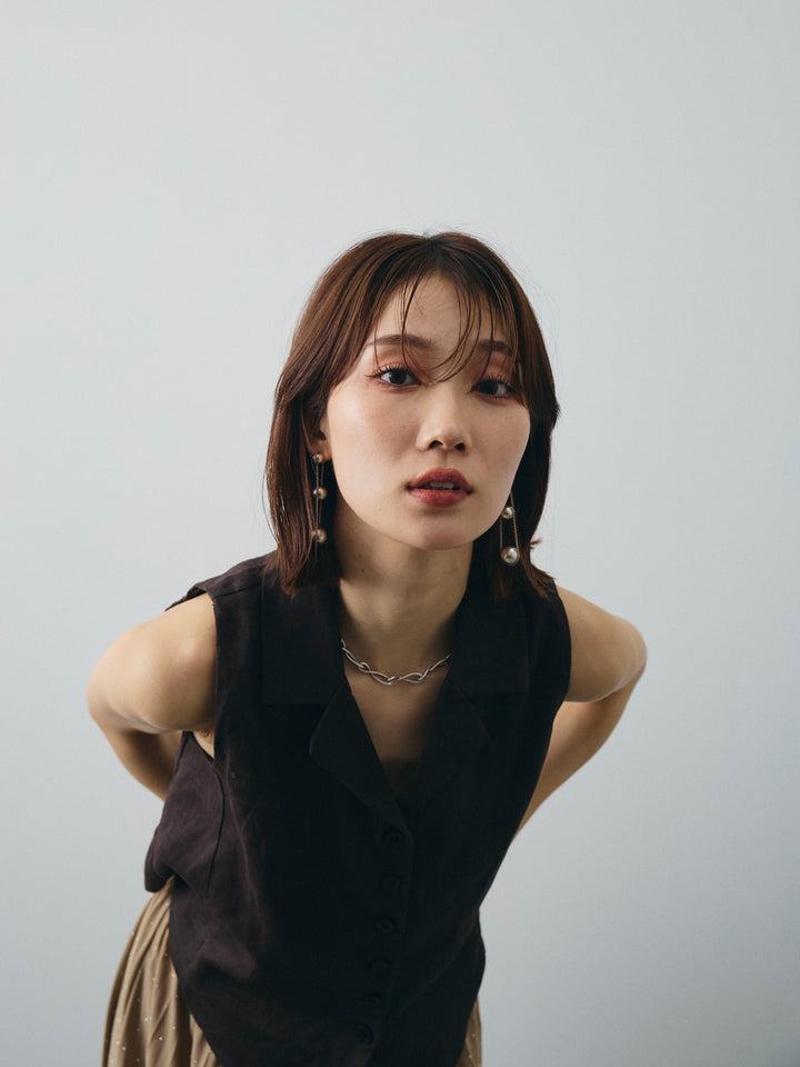 [SET]リネンライクテーラードジレ+ラインストーンプリーツスカート(2set)