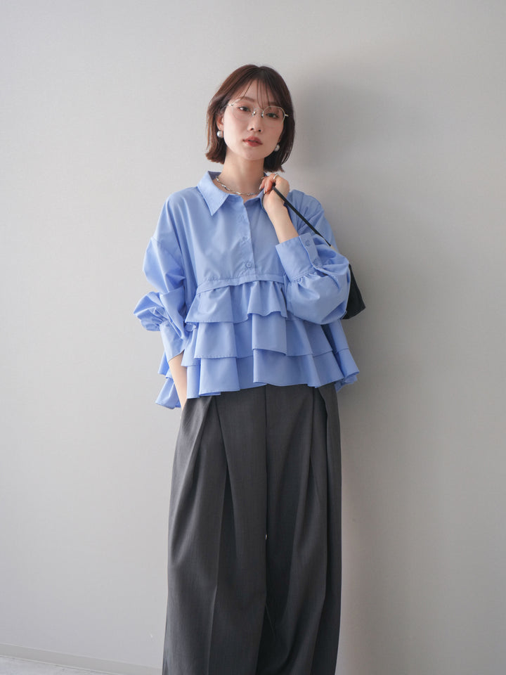 [SET]ブロードティアードショートシャツ+TRツイルデザインタックワイドパンツ(2set)
