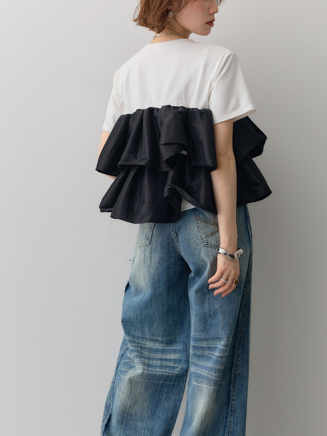 [SET]フリルティアードTEE+縦ウォッシュワイドデニムパンツ(2set)