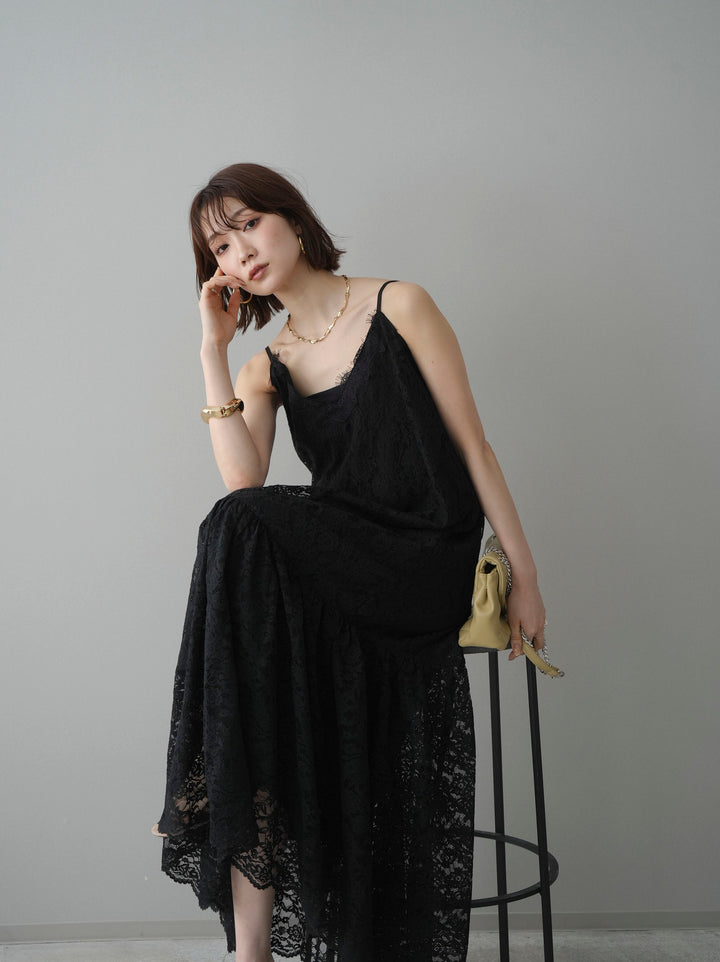 [予約]ギャザー切替レースキャミワンピース/black