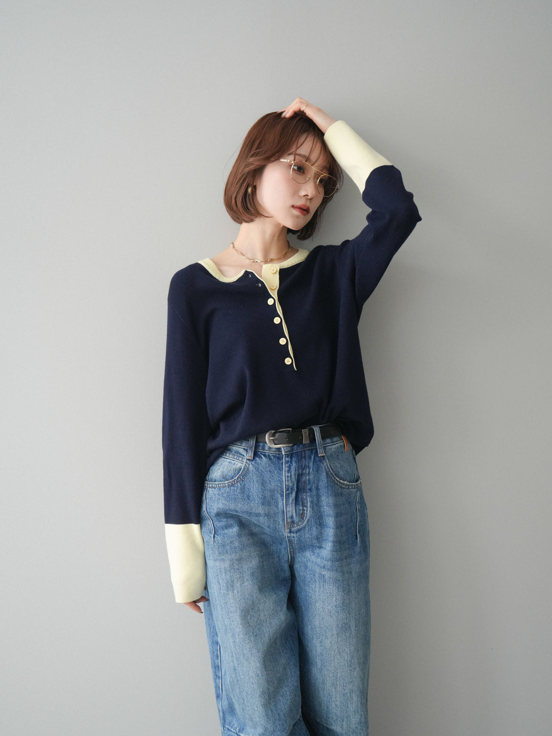 [予約]ヘンリーネック配色ニットソー/navy