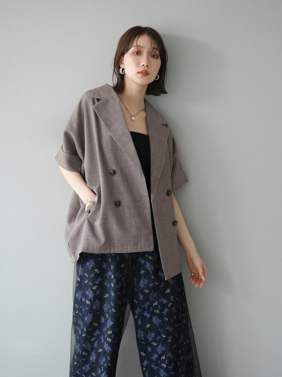 [SET]リネンライクハーフテーラードジャケット+コード刺繍チュールレイヤードパンツ(2set)