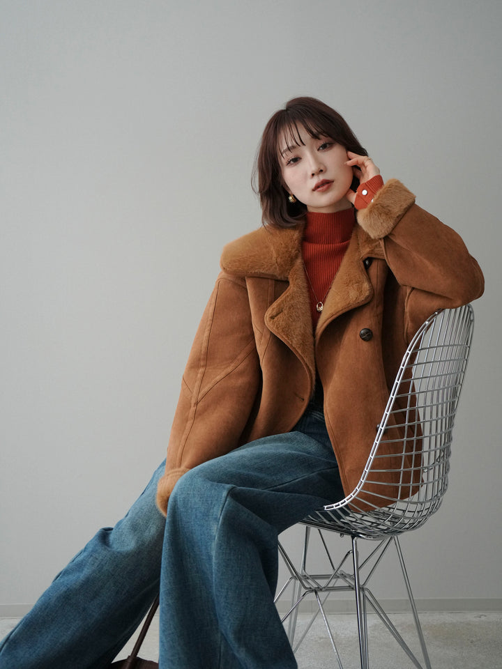 [SET]ムートンショートジャケット+ベルト付裏起毛カーブデニムパンツ(2set)