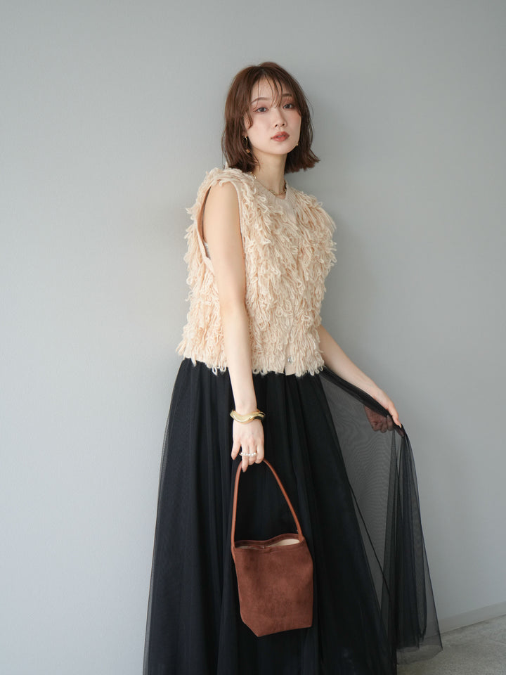 [SET] 前開衩針織背心 + 薄紗蓬鬆裙 (2 件套)