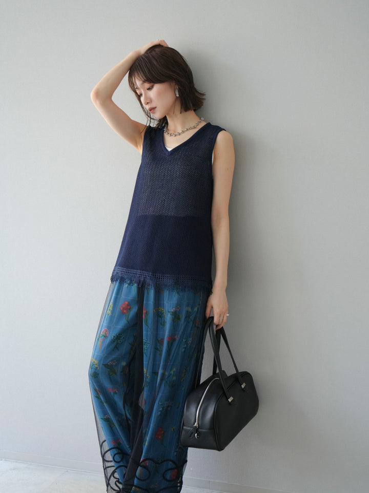 [予約]裾フリンジVネックニットタンクトップアンサンブル/ネイビー