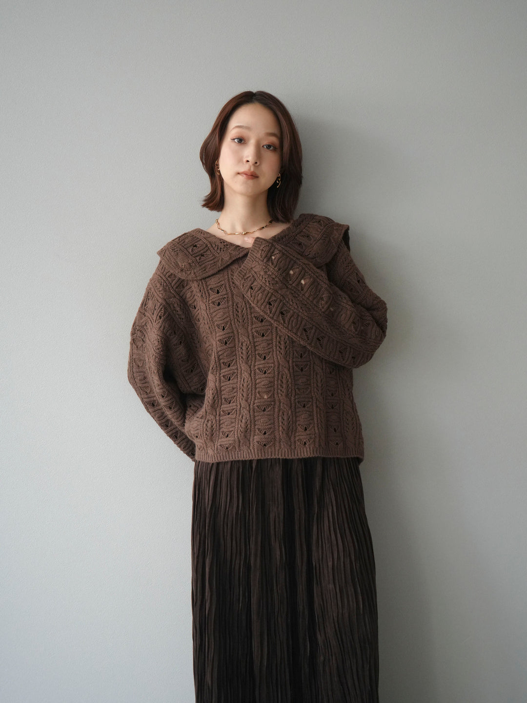 [予約]透かし編みセーラーニットプルオーバー/brown