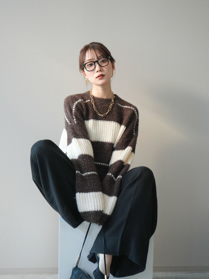 [予約]ネップヤーンボーダーニットプルオーバー/brown