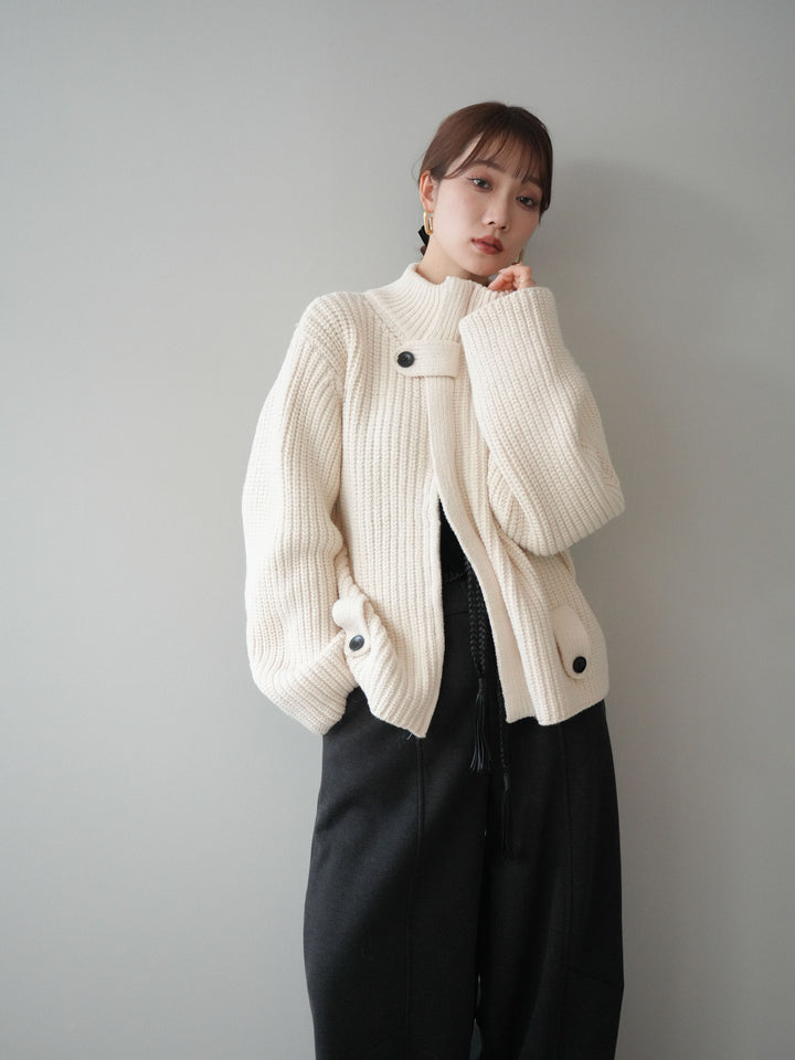 [SET]畦編みボトルネックZIPニットカーディガン+ベルト付裏起毛センターシームカーブパンツ(2set)