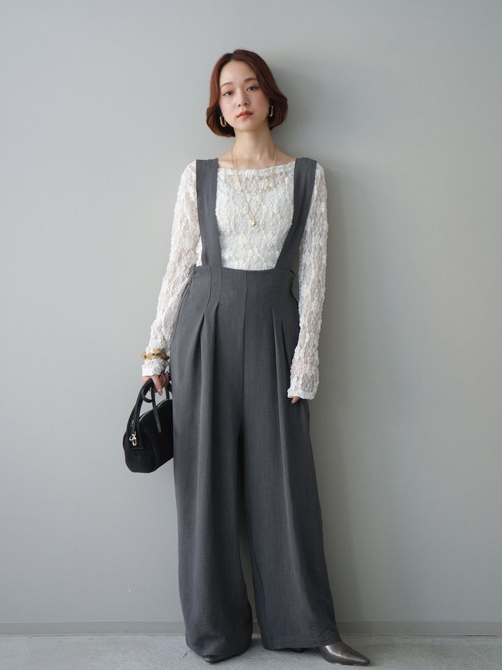 [SET]サイドギャザーレーストップス+シボ加工ハイウエストタックサロペット(2set)