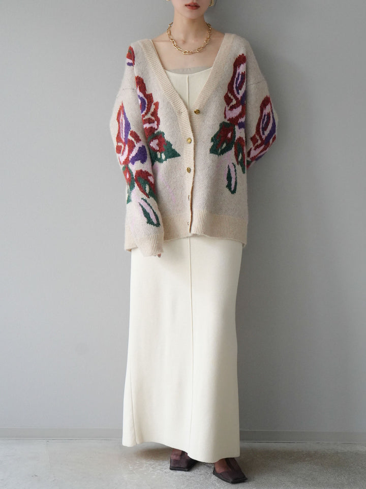 [予約]フラワー柄ゴールドボタンVネックニットカーディガン/アイボリー