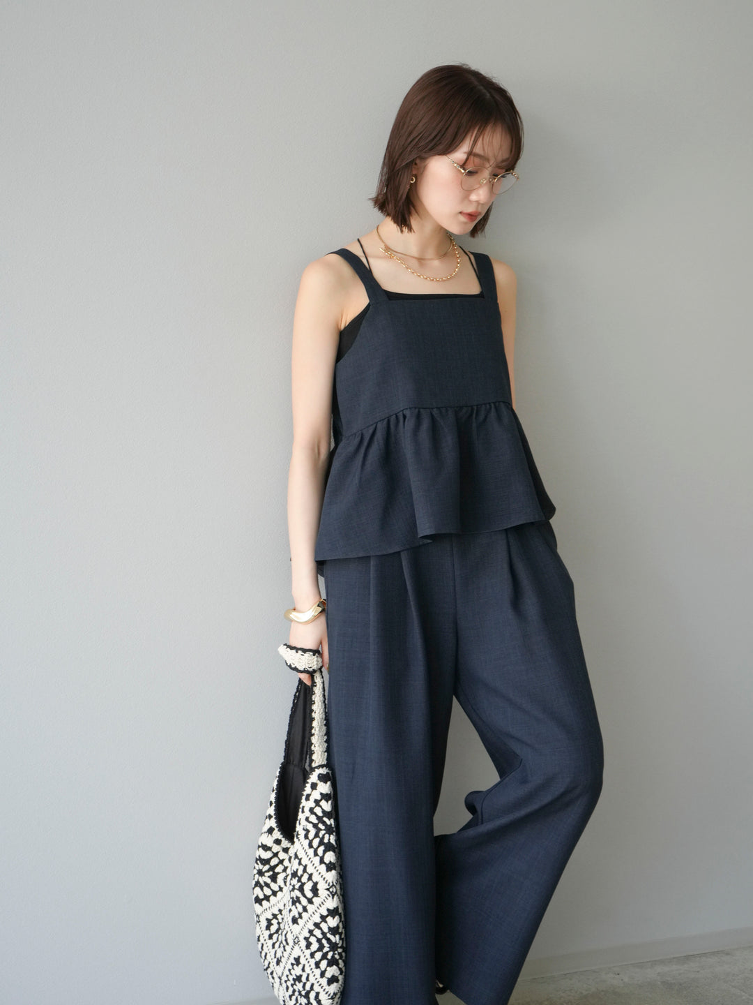 [SET]リネンライクビスチェ+リネンライクイージーワイドパンツ(2set)