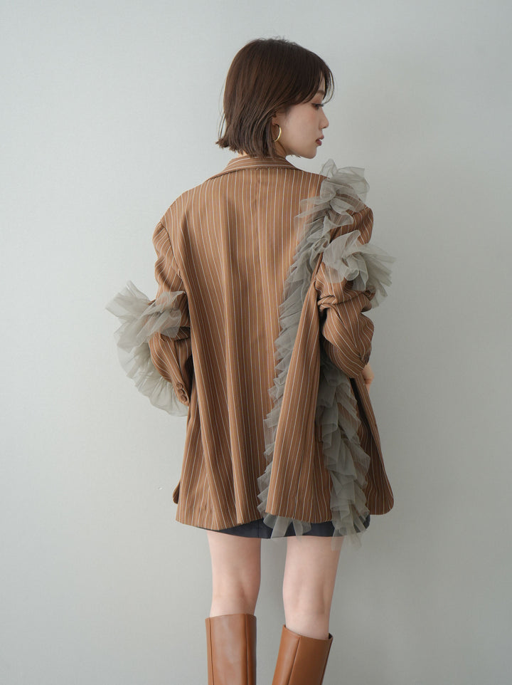 [予約]アシンメトリーチュールストライプジャケット/goldbrown
