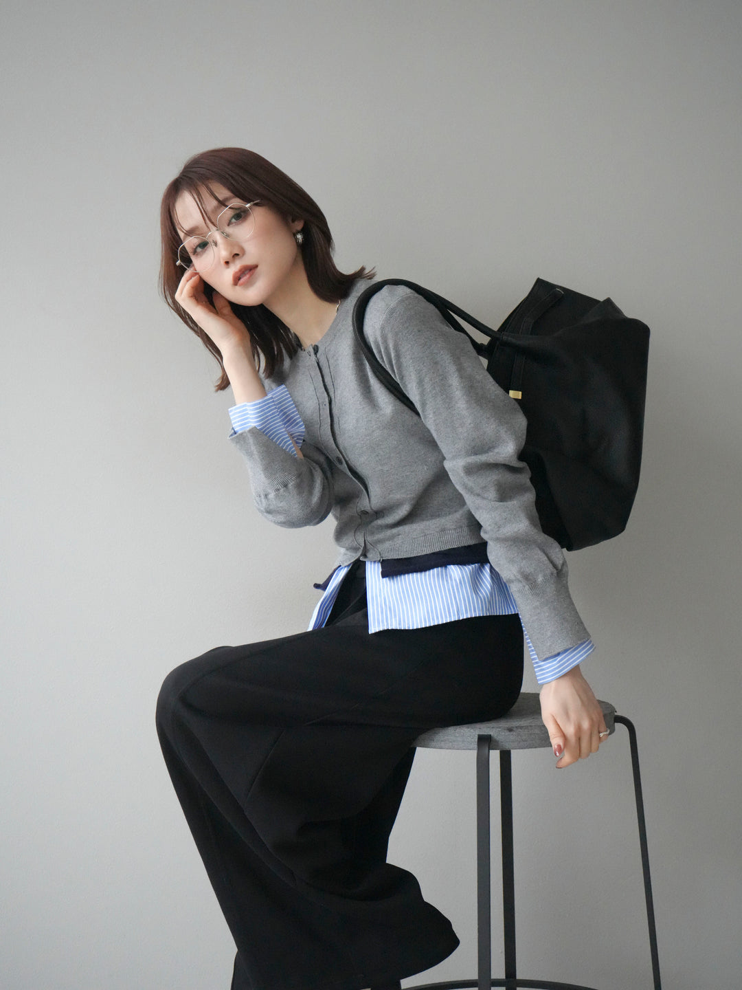 [予約]シャツ襟レイヤードニットカーディガン/gray