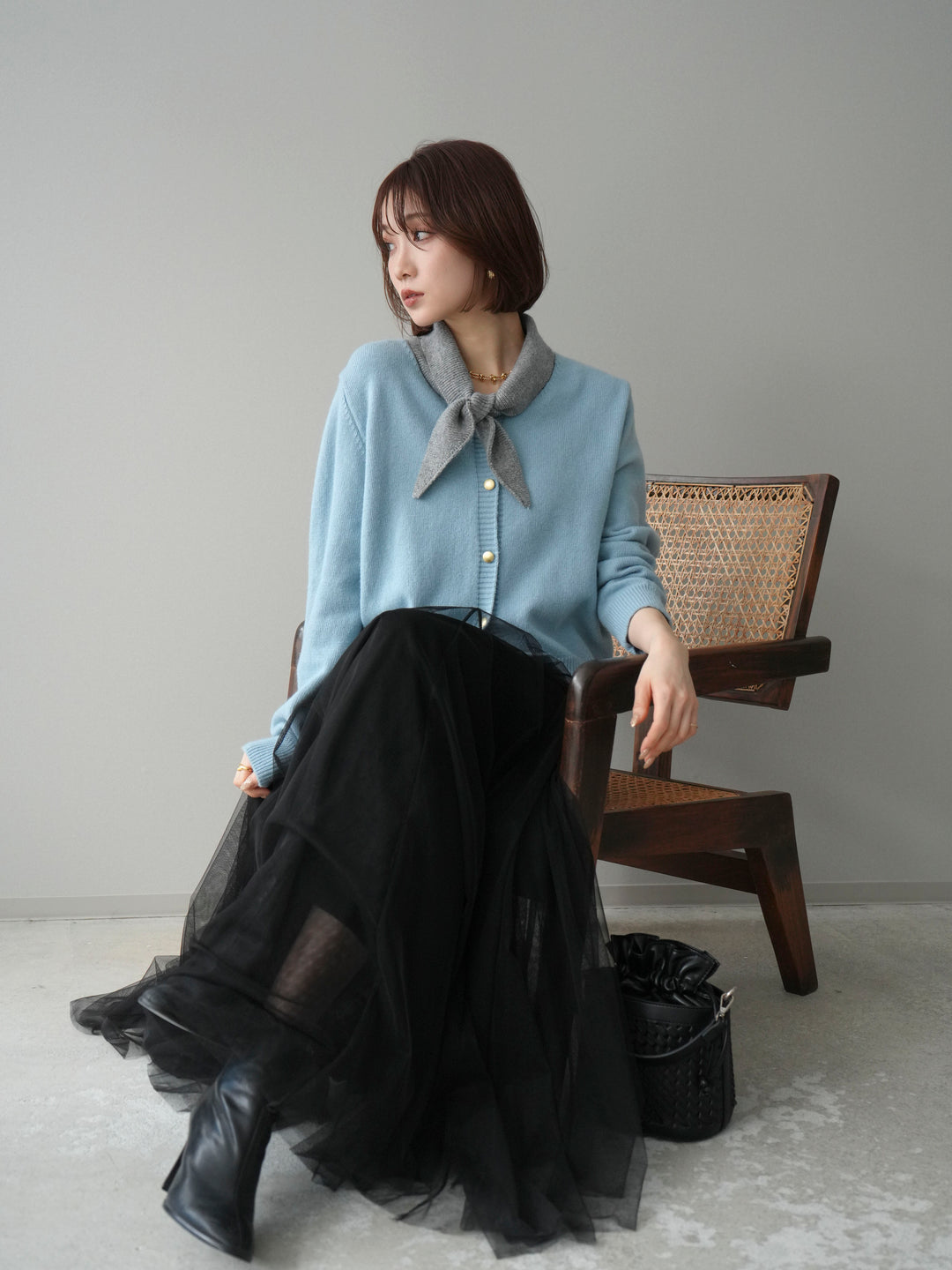 [SET]デザイン襟ニットカーディガン+チュールボリュームスカート(2set)