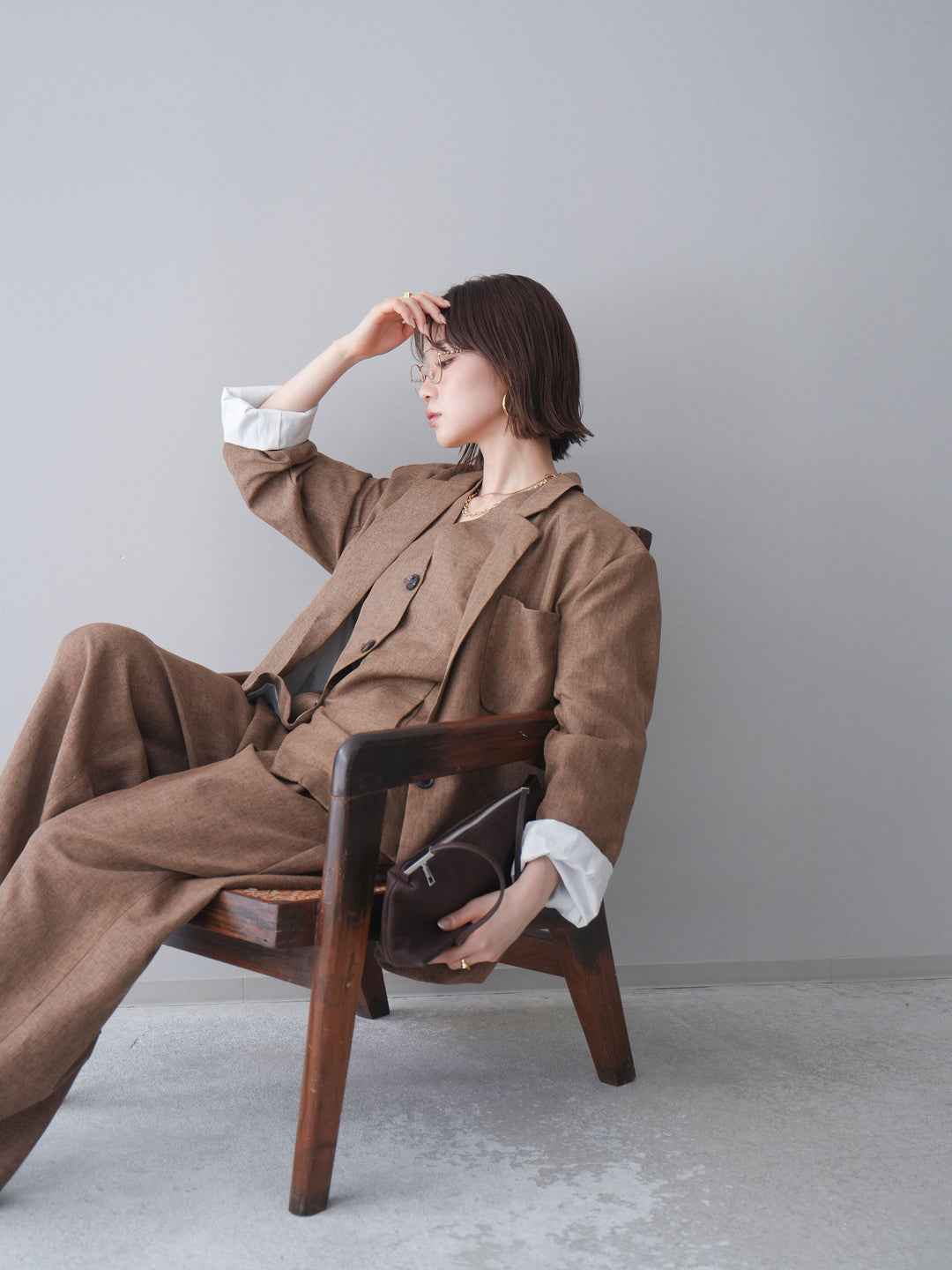 [SET]リネンライクテーラードジャケット+リネンライクバックオープンジレ+リネンライクタックワイドパンツ(3set)