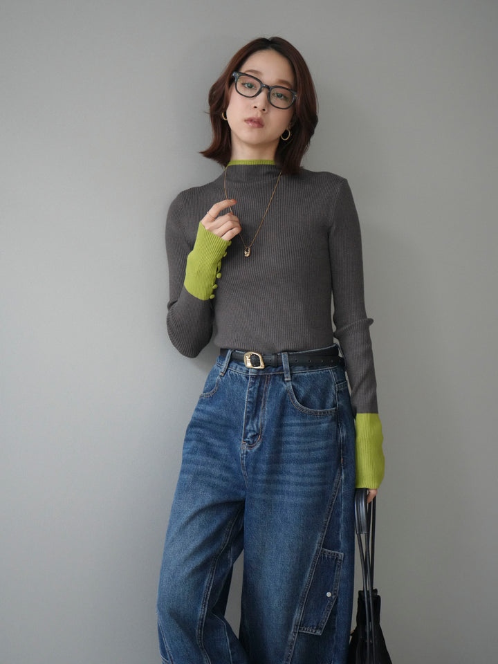 [SET]袖ボタンハイネック配色リブニットトップス+選べるアクセセット(2set)