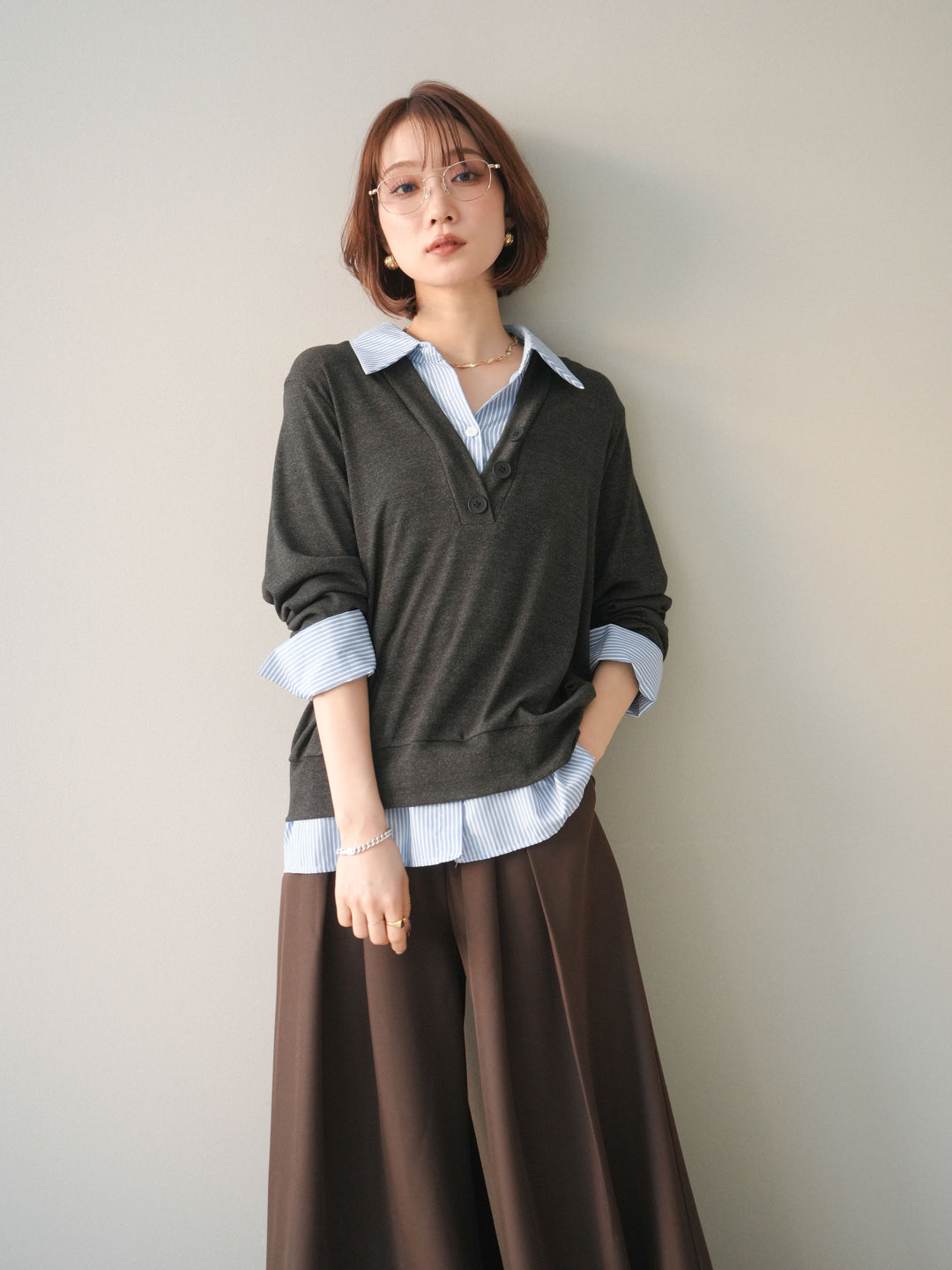 [予約]シャツレイヤードデザインカットプルオーバー/charcoal