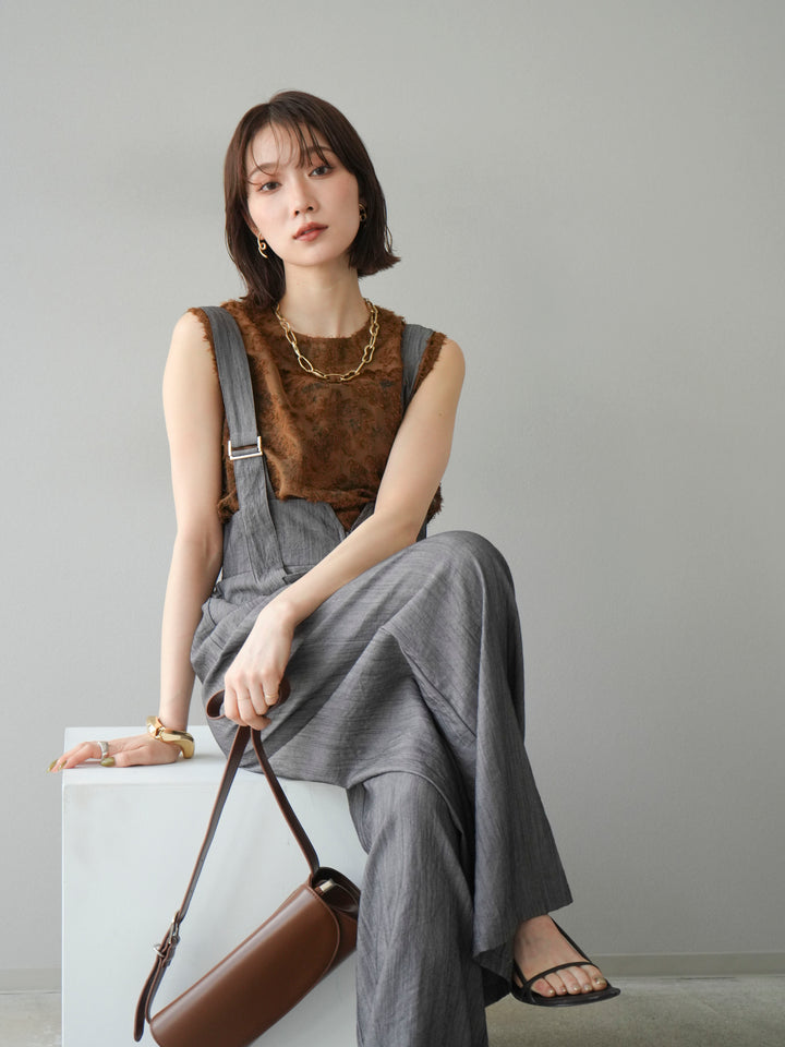 [SET]ストリングデザインハイウエストサロペット+ニュアンスフリンジジャガードノースリーブブラウス(2set)