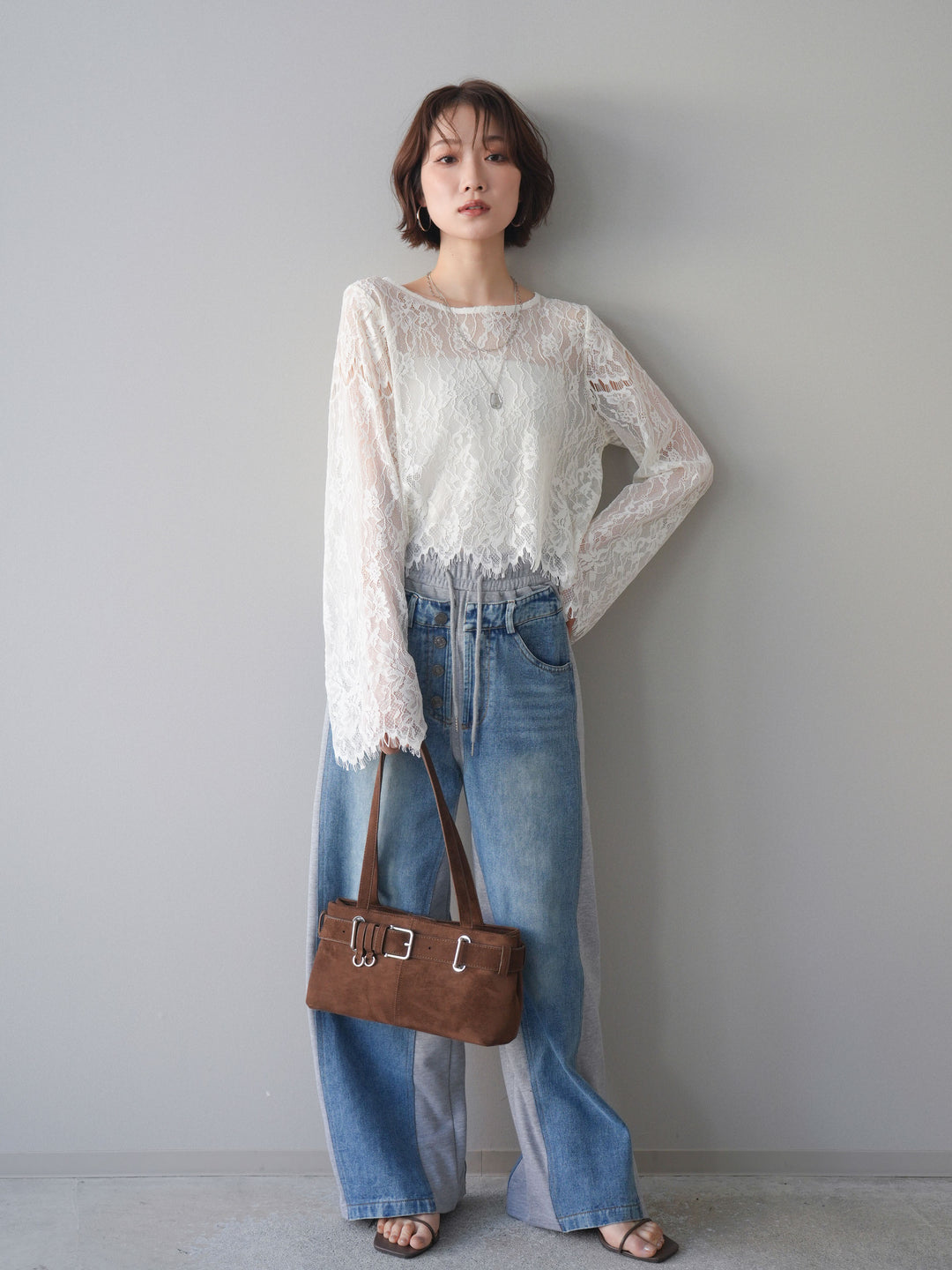 [SET]2WAYスリーブレーストップス+デニム切替スウェットパンツ(2set)