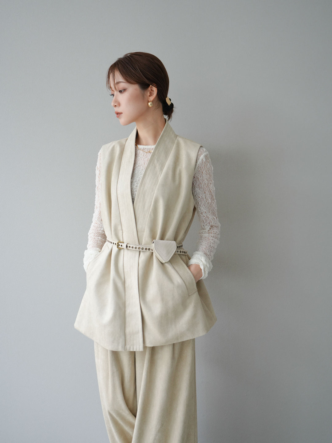 [SET]ポーチベルト付スウェードジレ×パンツSET UP(2set)