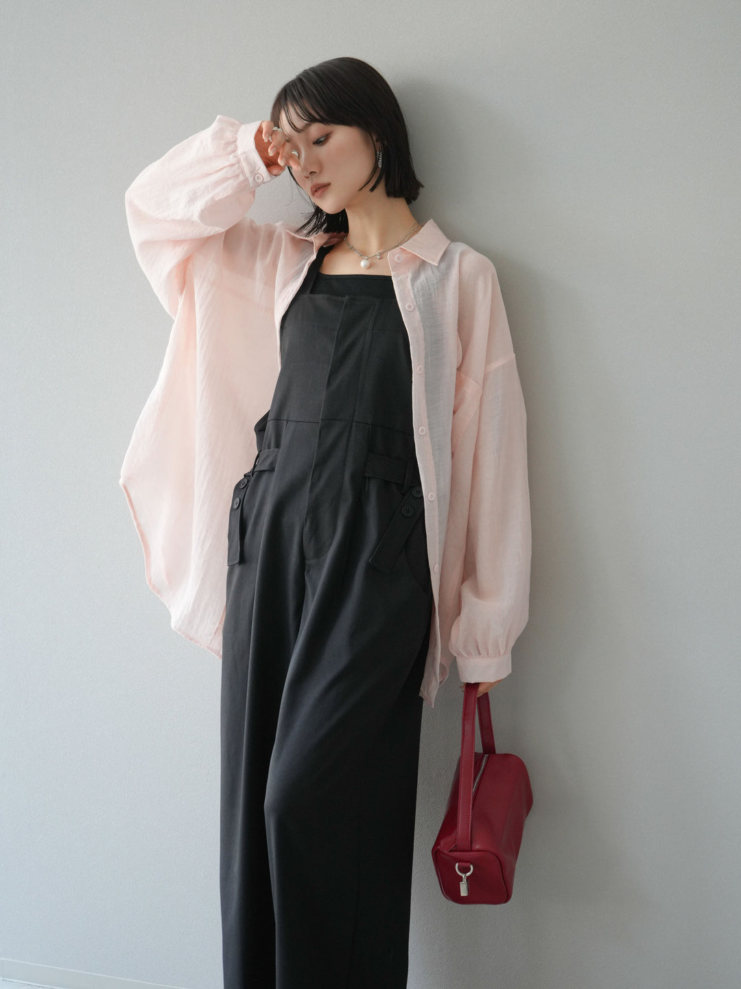 【預購】皮帶設計工裝褲/黑色