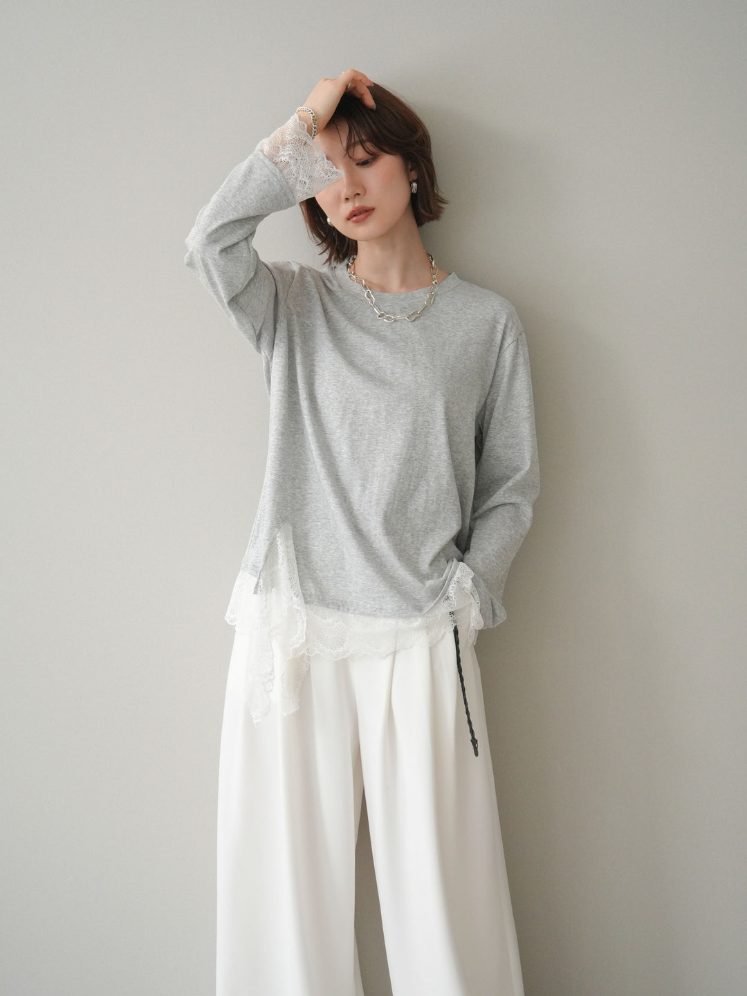 [予約]裾レースコンビカットソー/gray
