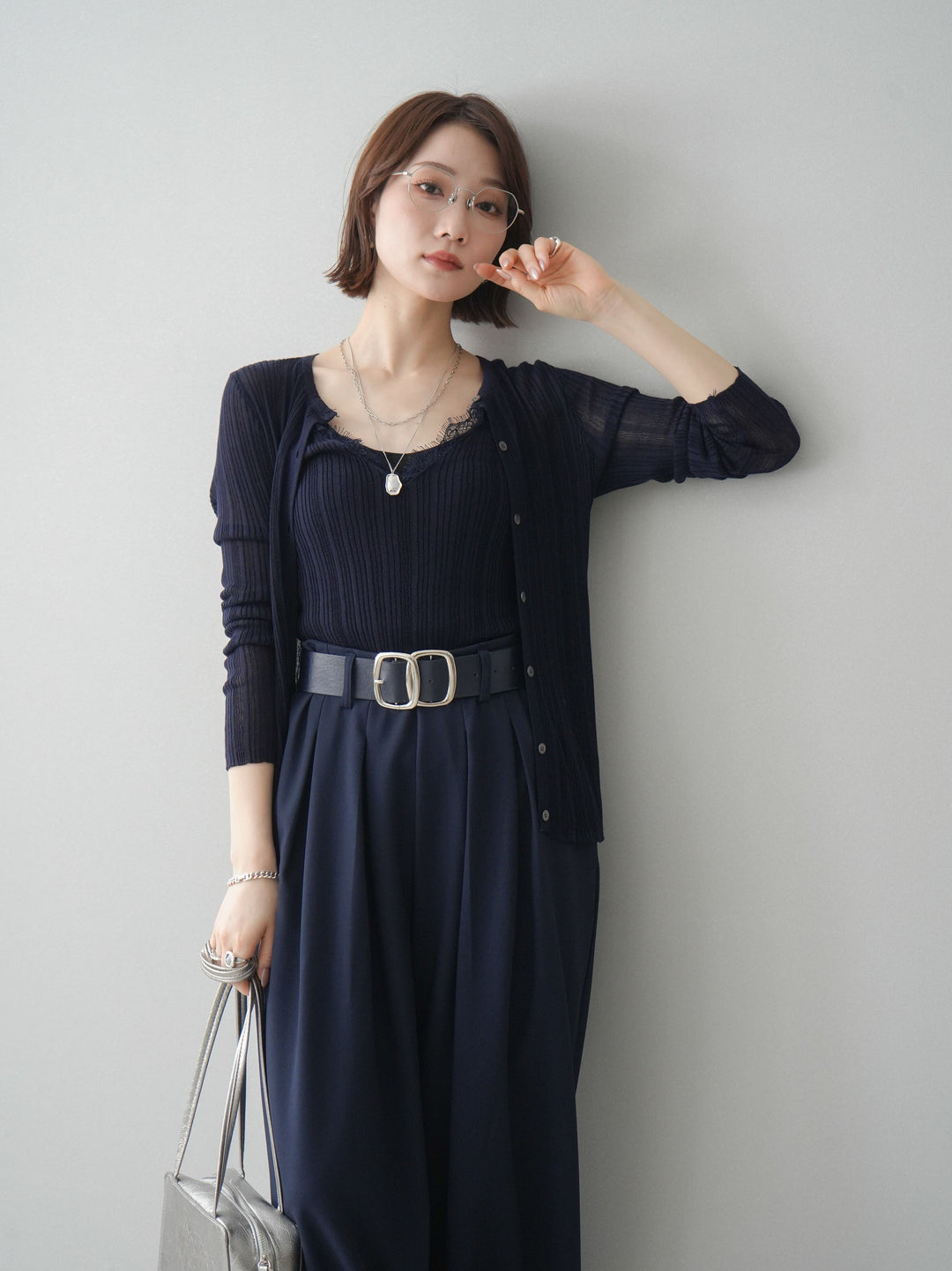 [予約]インナーレースキャミソール＆カーディガンアンサンブル/navy