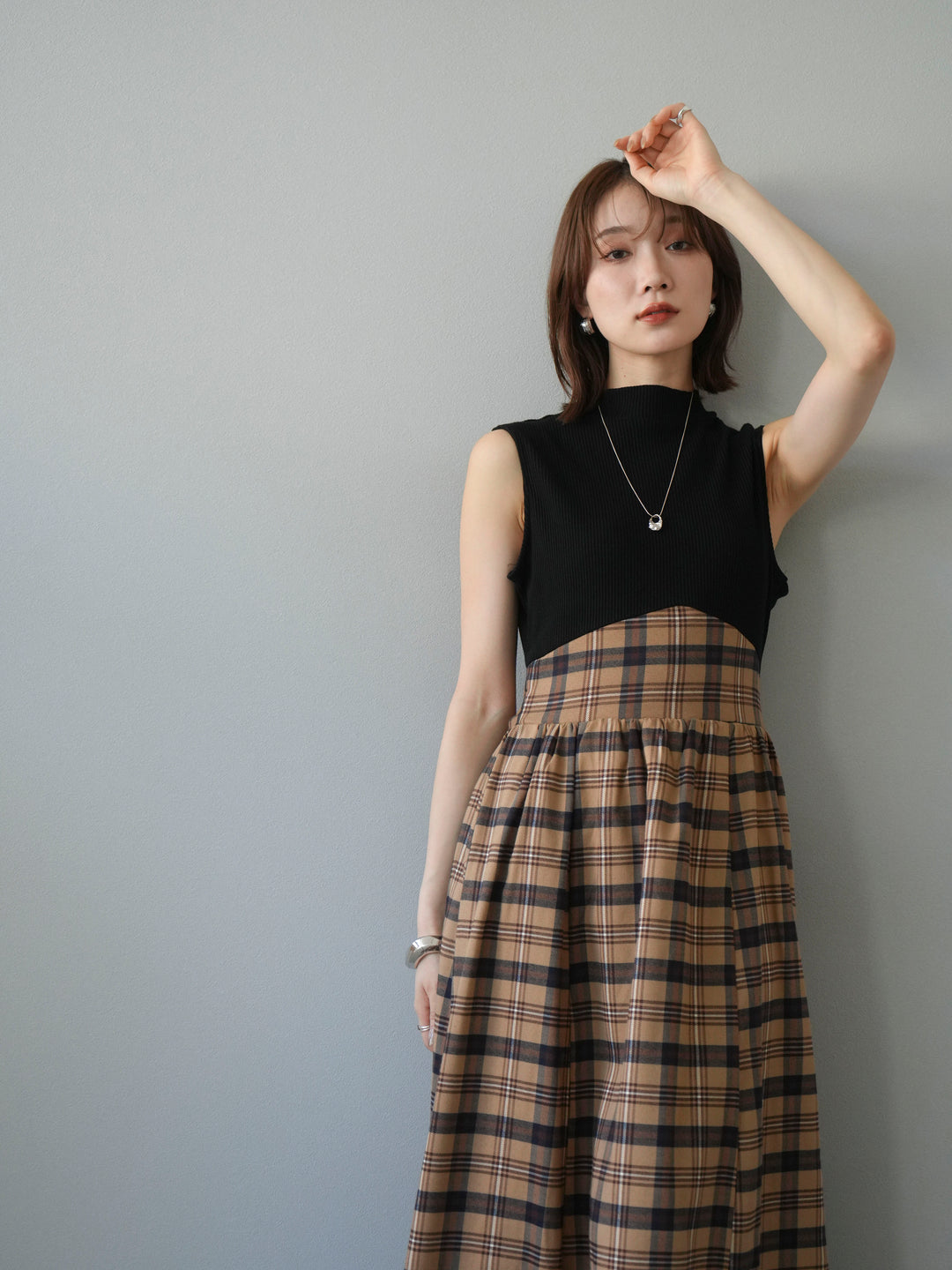 [SET]テレコ×チェックドッキングノースリワンピース+選べるアクセセット(2set)