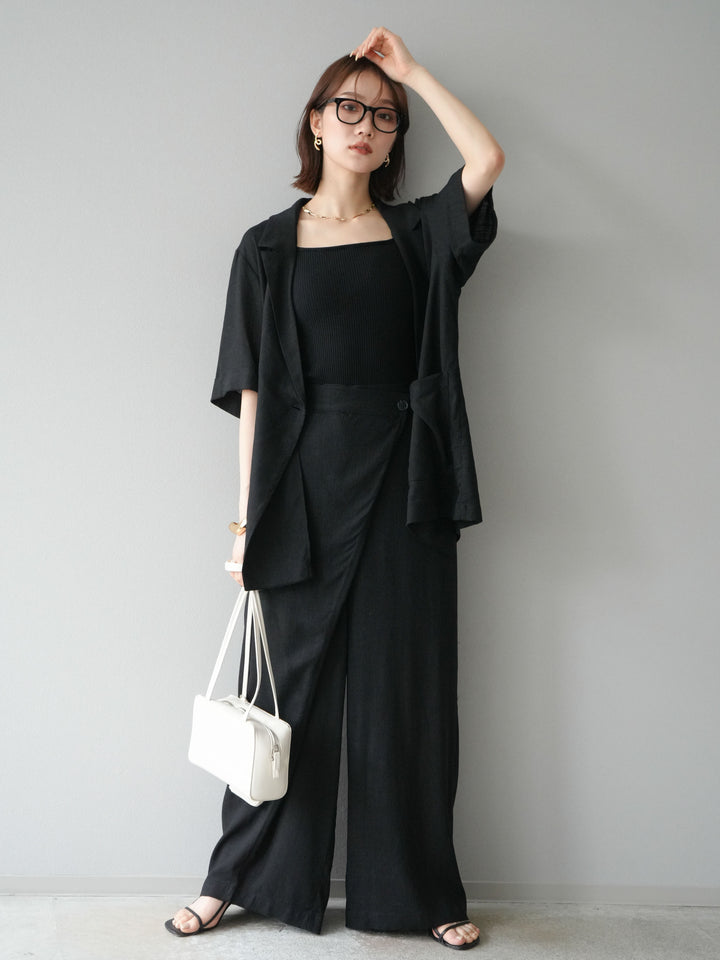 [予約]ライトリネンアシンメトリーワイドパンツ/ブラック