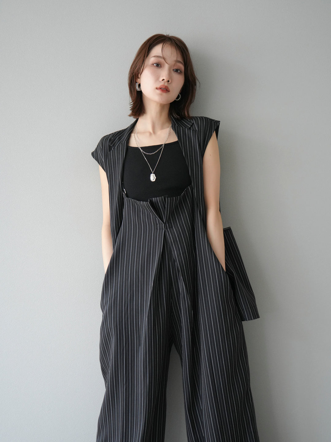 [SET]ヘリンボーンストライプジレ+ヘリンボーンストライプサロペット(2set)