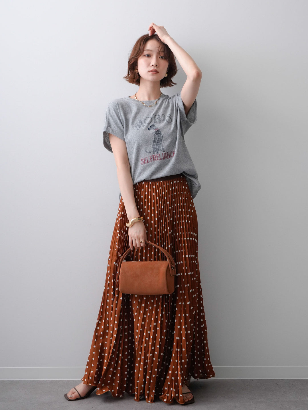 [SET]ドッグエンブロイダリーTEE+ドットアコーディオンプリーツスカート(2set)