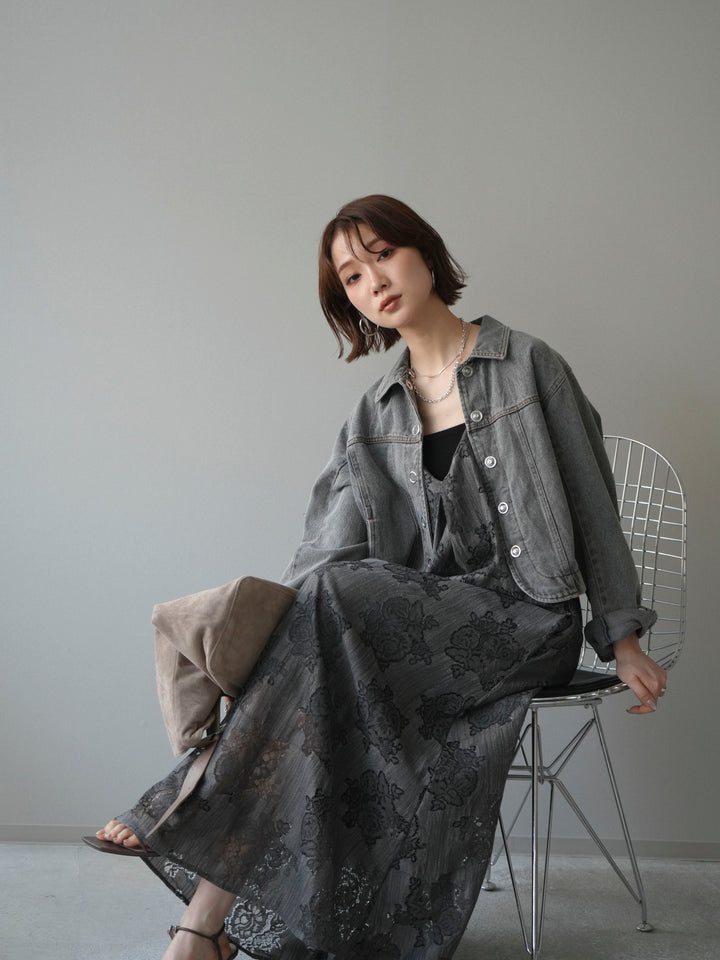 【預購】花朵蕾絲吊帶洋裝 / 灰色