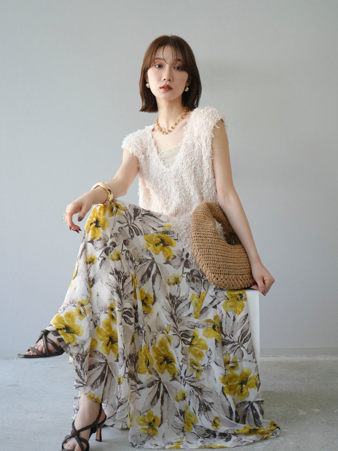 【預訂】流蘇V領背心/象牙色