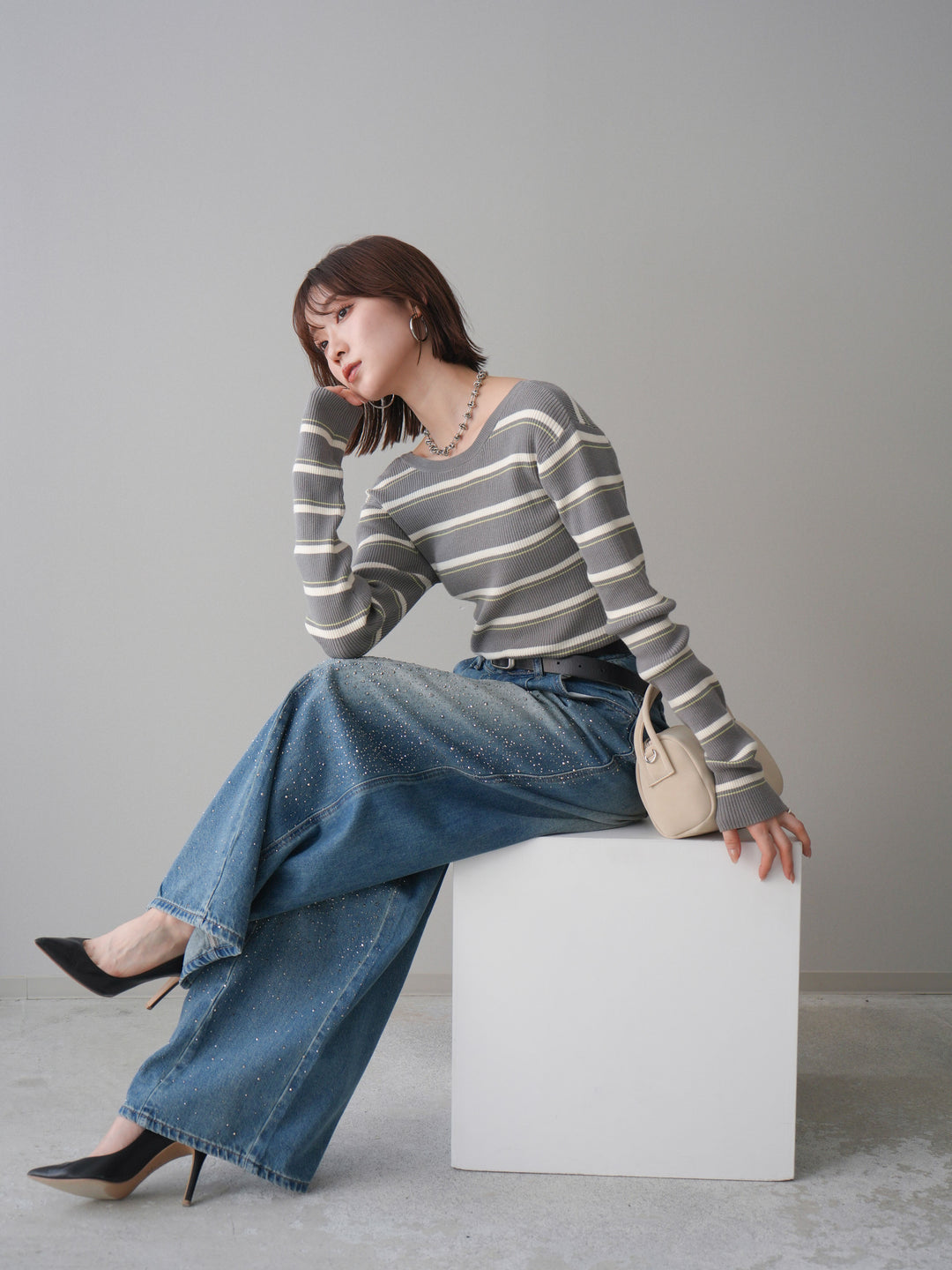 [予約]バックオープンテレコリブマルチボーダートップス/gray