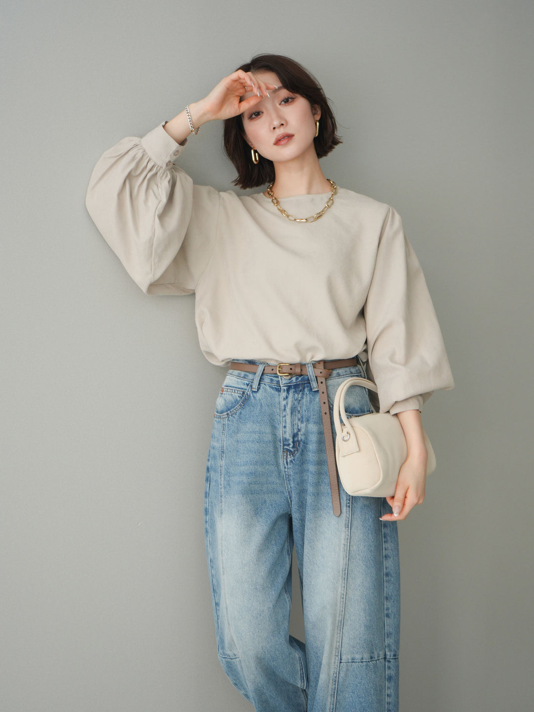 [予約]2WAYピーチスキンボリュームスリーブブラウス/greige