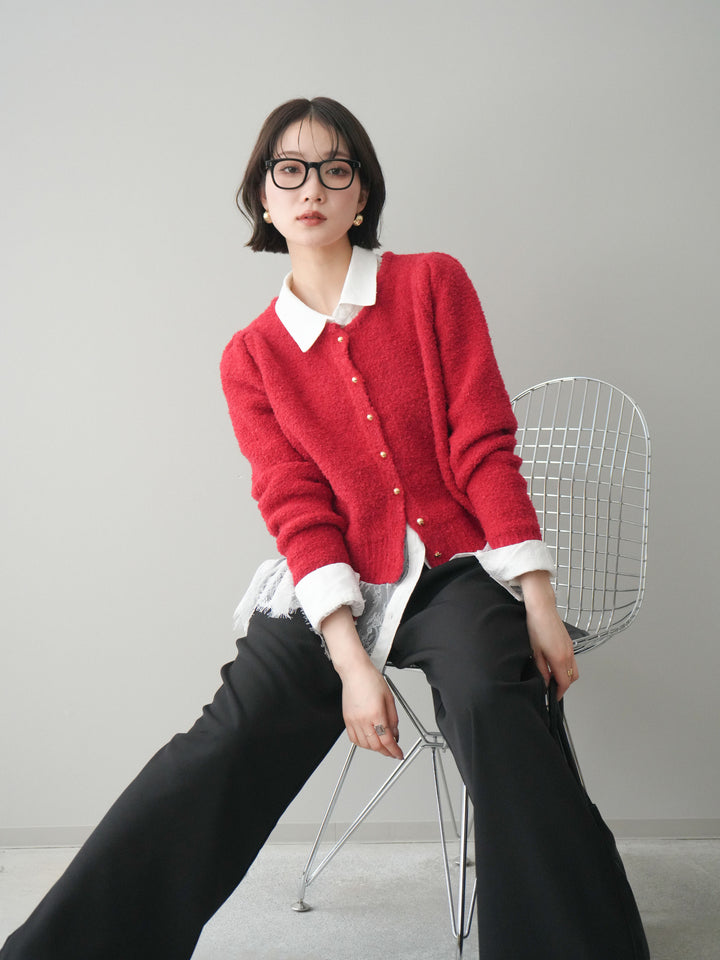 [SET]ゴールドボタンブークレニットカーディガン+総レースボリュームスリーブシャツ(2set)