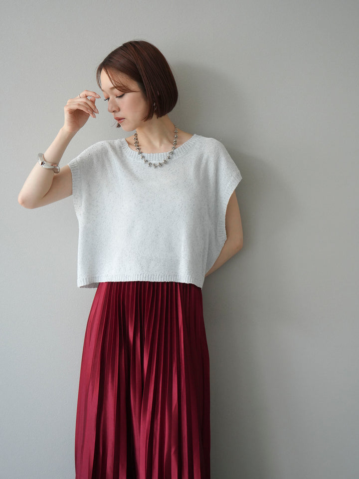 [SET]ネップヤーンクロップドニットベスト+サテンプリーツマキシスカート(2set)