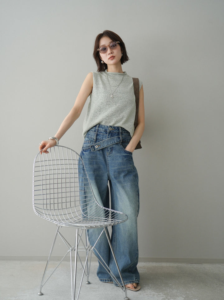 [予約]ノースリーブリネンタッチシアーニットプルオーバー/green