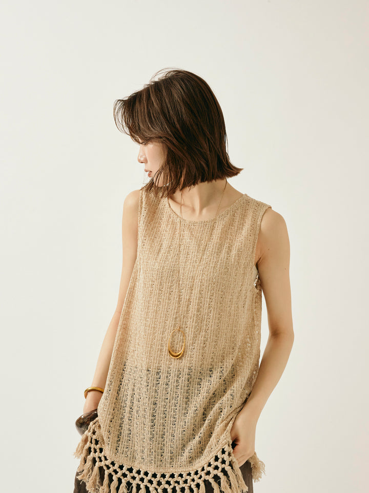 [予約]フリンジ透かし編みニットベスト/ベージュ