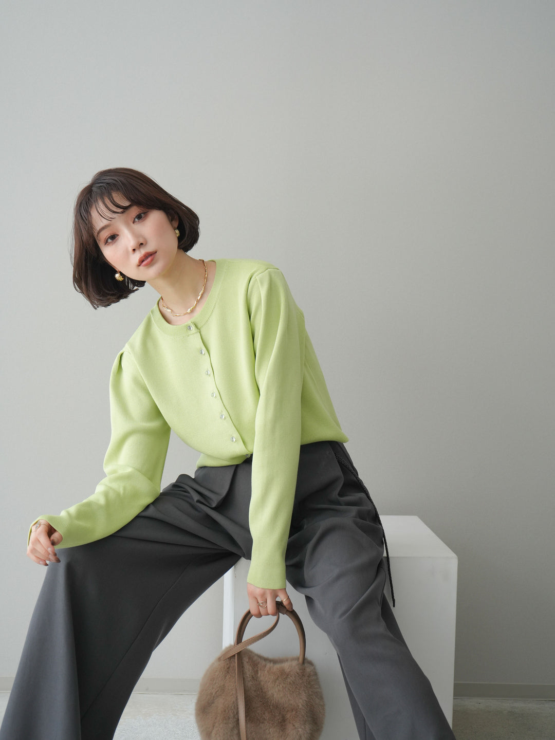 [SET]クリアボタンタックニットカーディガン+ベルトループデザインワイドパンツ(2set)