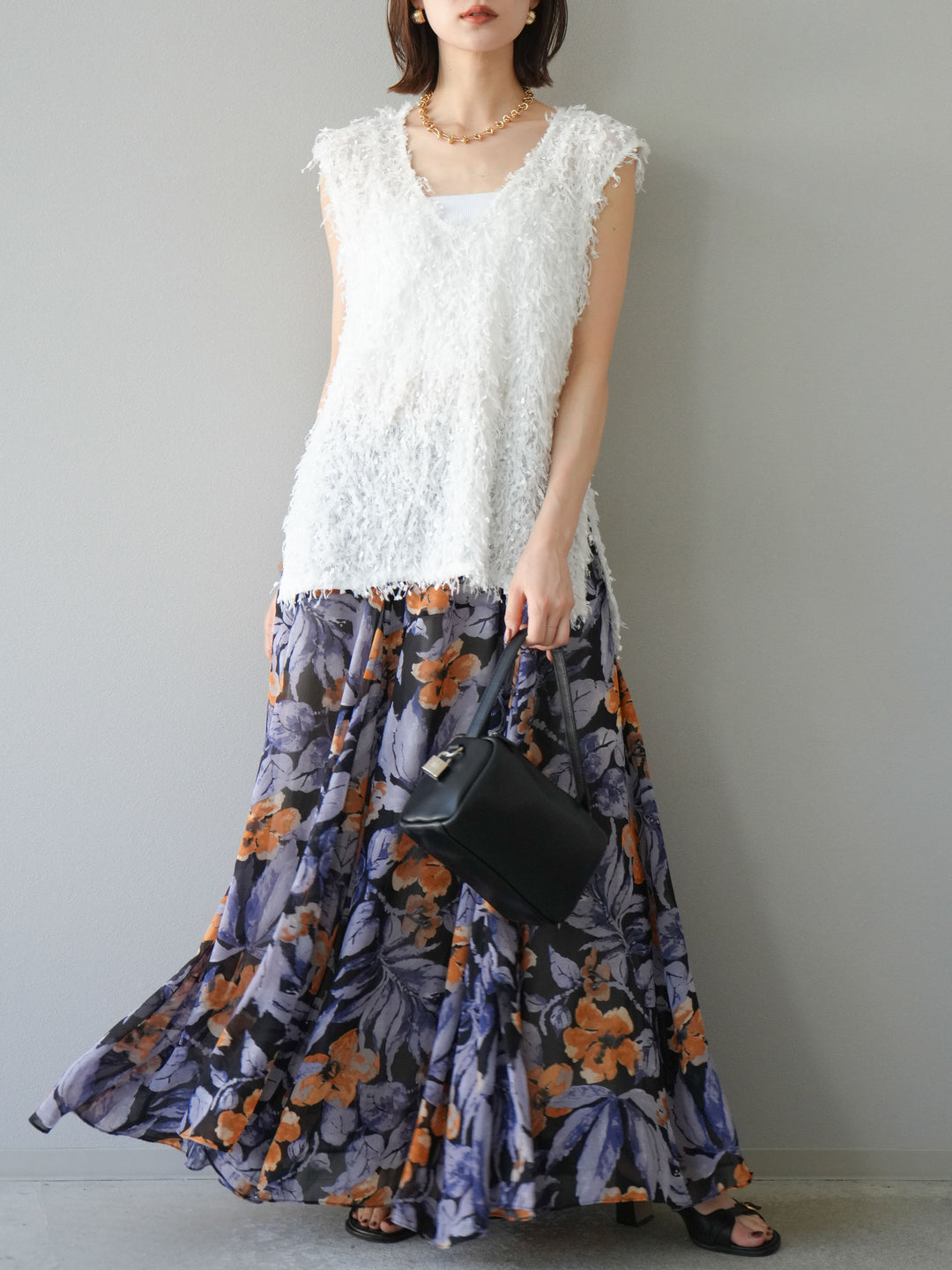 [予約]フラワープリントボリュームフレアスカート/ブラック