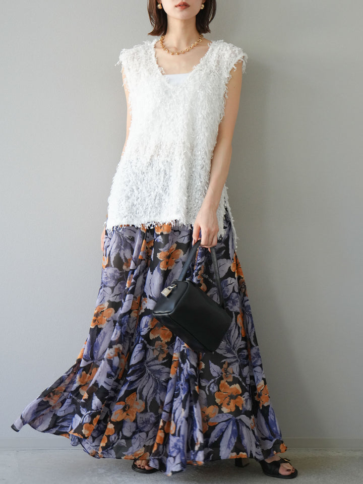 [予約]フラワープリントボリュームフレアスカート/ブラック