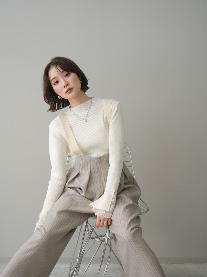 [SET]袖スカラップレースオフネックニットトップス+グログランテープストライプサロペット(2set)