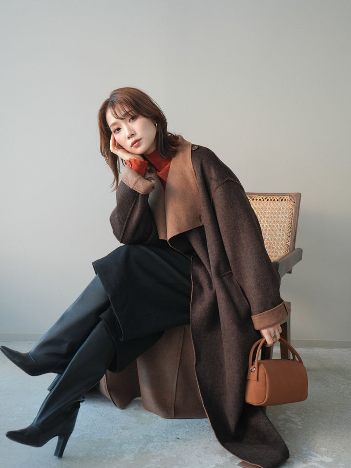 [予約]ダブルフェイスバイカラーロングコート/brown