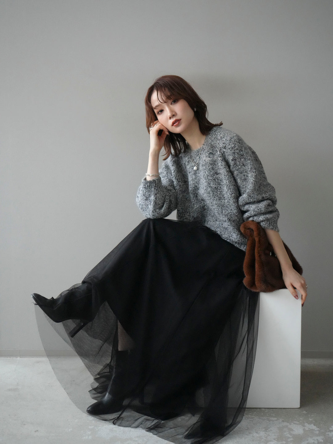 [SET]ロゴラベルミックスヤーンニットプルオーバー+ロゴラベルミックスヤーンニットプルオーバー(2set)