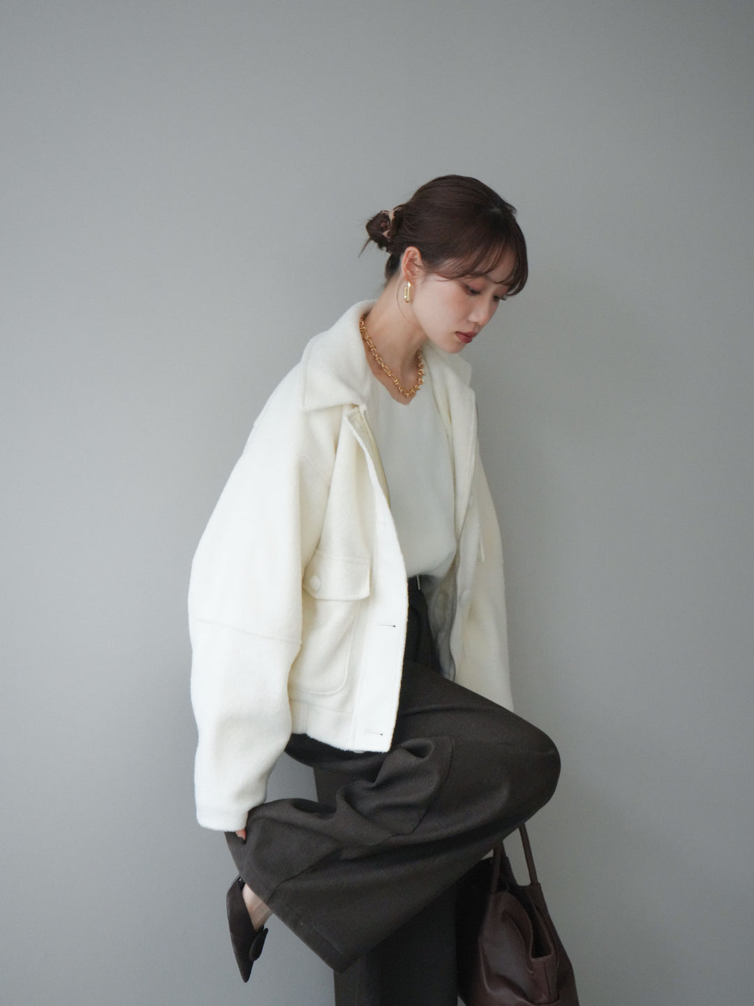 [SET]ウールライクフライトジャケット+シュシュ付きアンゴラタッチVネックニットプルオーバー(2set)