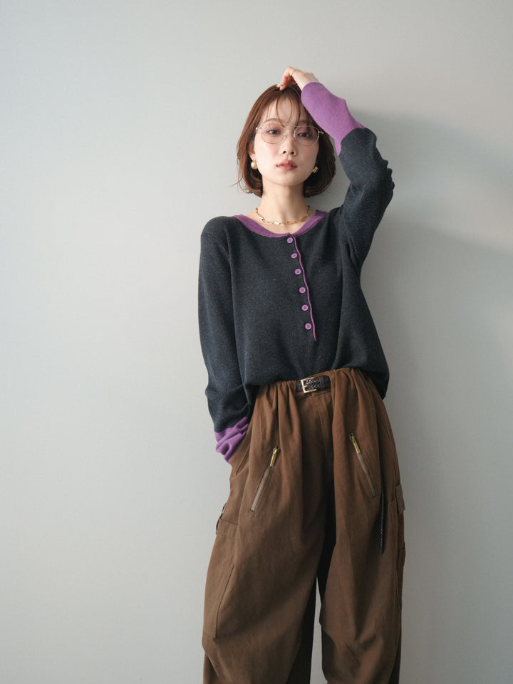 [SET]ヘンリーネック配色ニットソー+選べるアクセセット(2set)