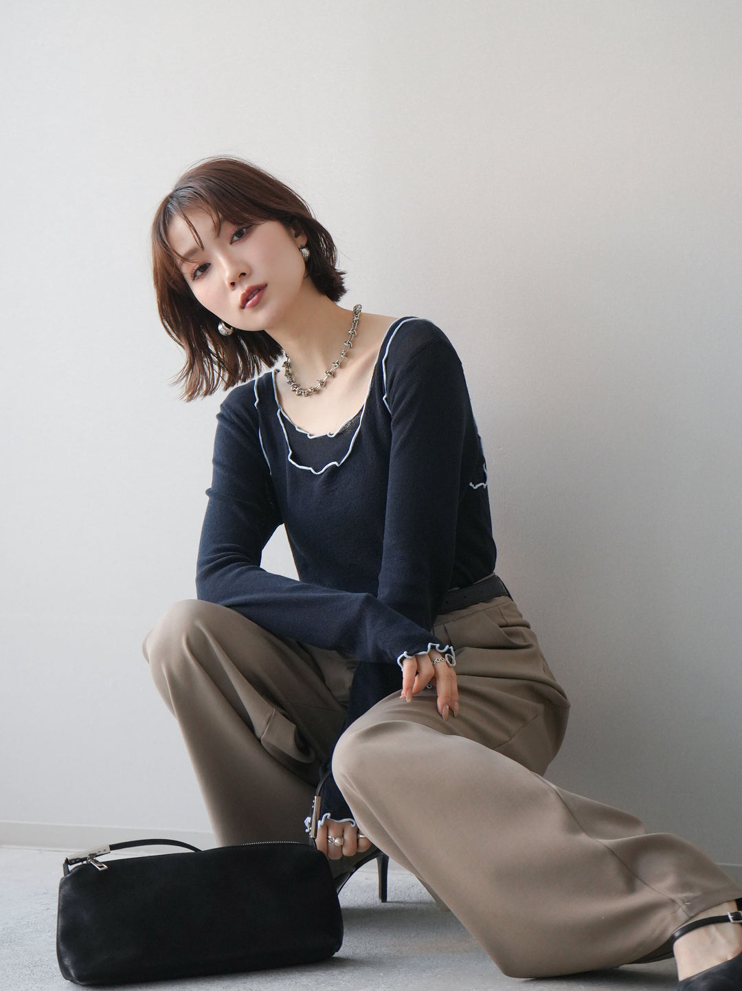 [予約]バイカラーメローアンサンブルシアーニットトップス/navy