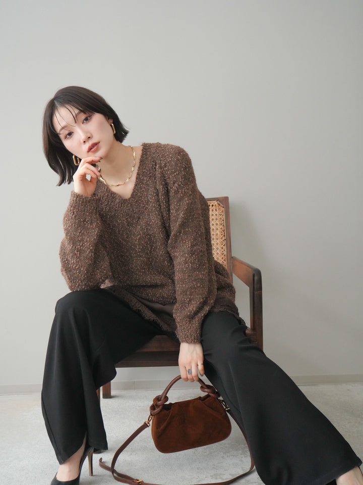 [SET]Vネックスラブニットプルオーバー+選べるアクセセット(2set)